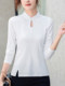 立领纯棉打底衫女春秋长袖t恤洋气新轻国风改良中式盘扣镂空上衣