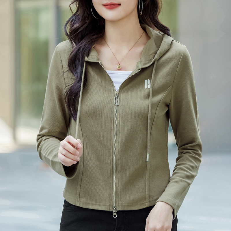 Double Zipper Hooded Long-Sleeve T-Shirt for Women 2026 Spring and Autumn New Style Loose Slimming Cardigan Jacket Sweatshirt Top
