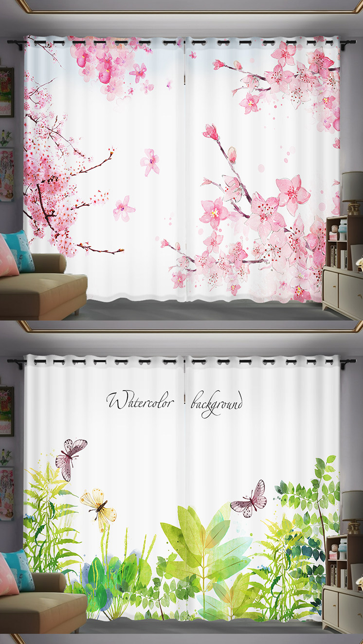 北欧现代小清新绿色植物花卉窗帘儿童卧室客厅飘窗免打孔绍兴柯桥详情11