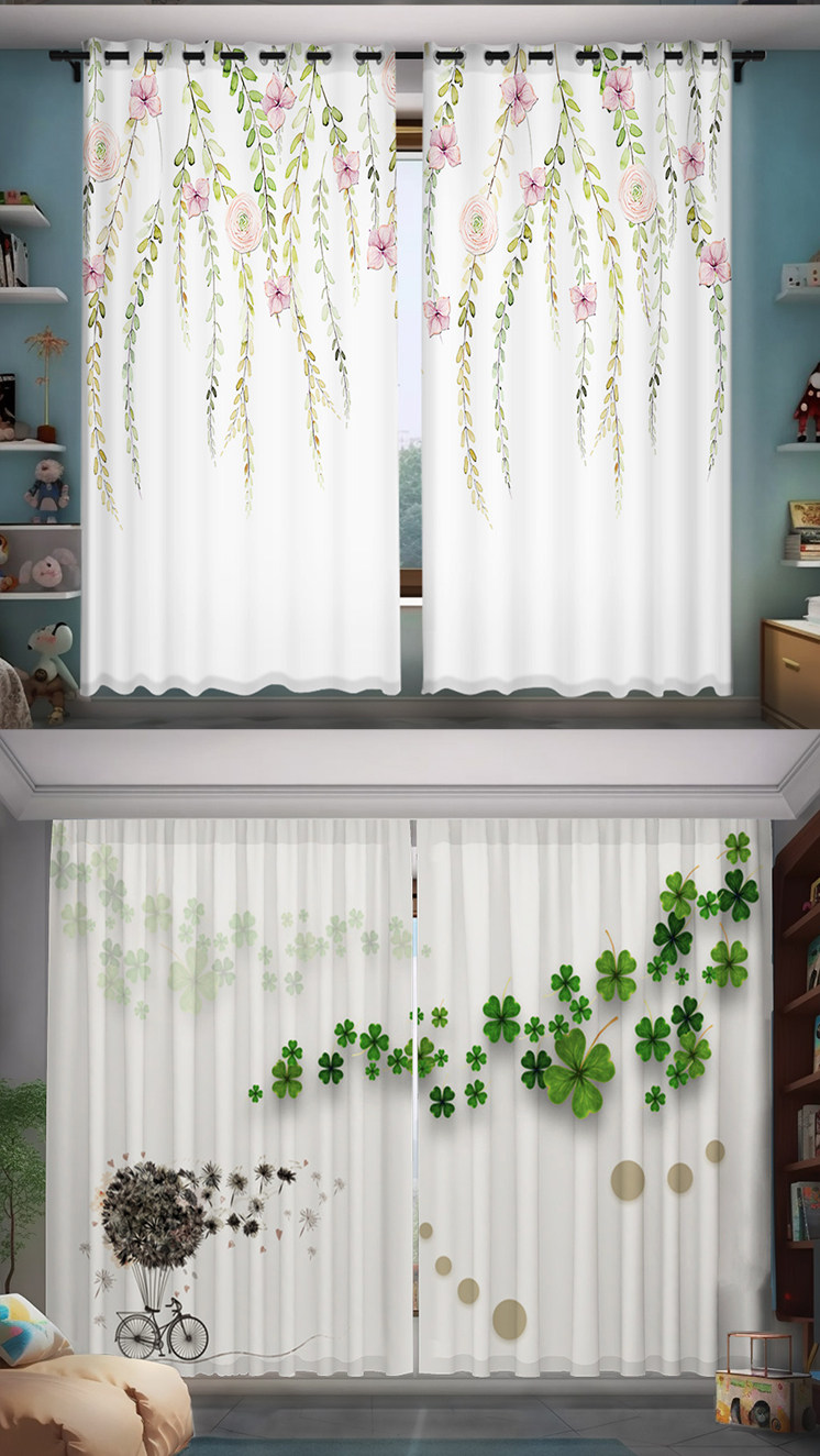 北欧现代小清新绿色植物花卉窗帘儿童卧室客厅飘窗免打孔绍兴柯桥详情9