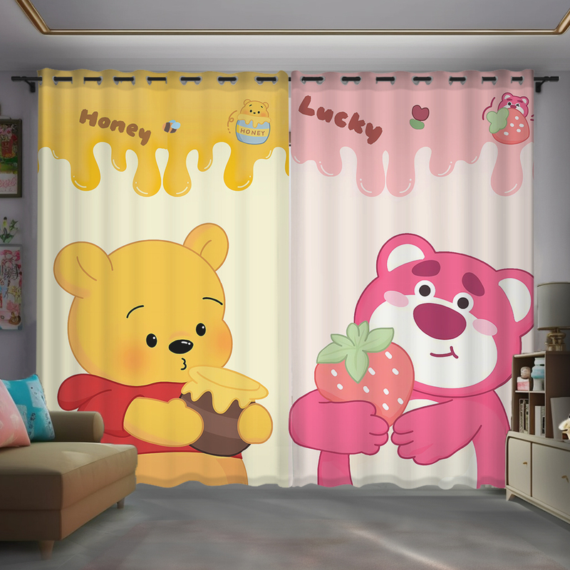 Winnie the Pooh Curtains, Fully Blackout, for Children's Room, Bedroom, Bay Window, Disney Cartoon, Cute Strawberry Bear Short Curtains, Sunshade Fabric