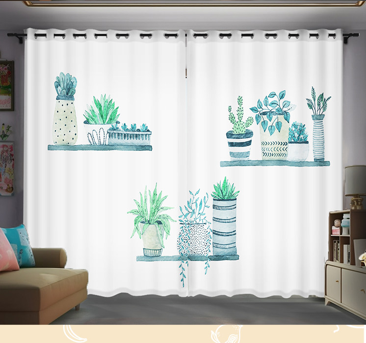 北欧现代小清新绿色植物花卉窗帘儿童卧室客厅飘窗免打孔绍兴柯桥详情13
