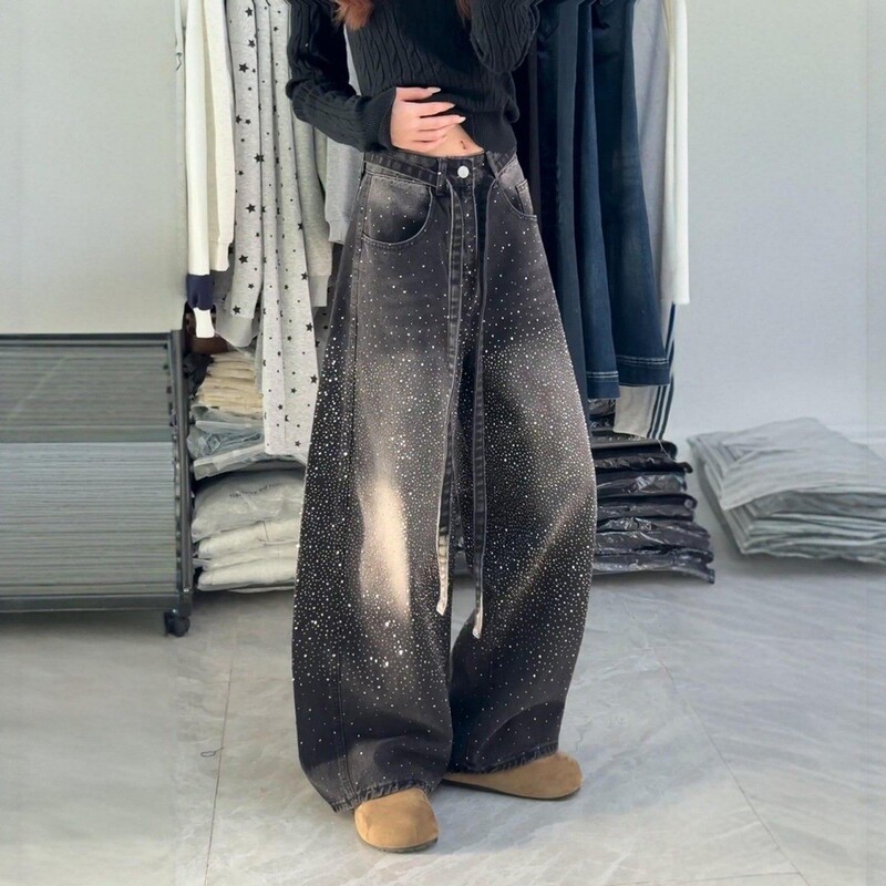 Taobao Hot-Selling Special Edition Women's Clothing for Spring and Autumn, Cheap Sparkling Rhinestone Jeans, Slimming Versatile Wide-Leg Long Pants