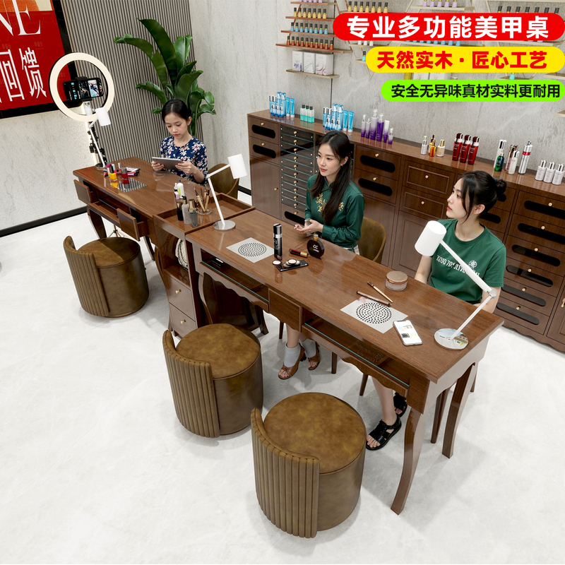 New Solid Wood Nail Salon Table with Vacuum Cleaner, Antique Style Nail Table and Chair Set, Single and Double Nail Tables