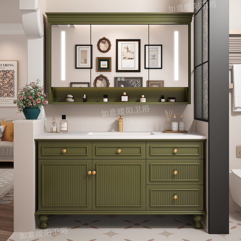 American-Style Solid Wood Bathroom Cabinet Set, Floor-Standing Seamless Rock Slab Washbasin, Vanity Unit, Bathroom Cabinet