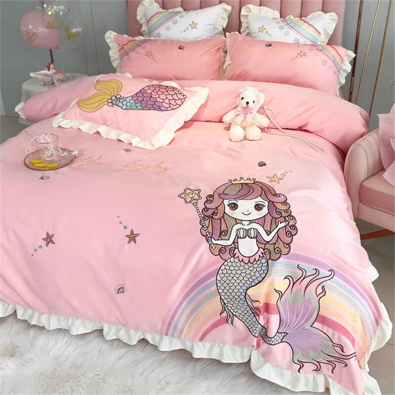 ins net red princess style mermaid embroidery pink four-piece set cotton pure cotton cartoon quilt cover bedding 4