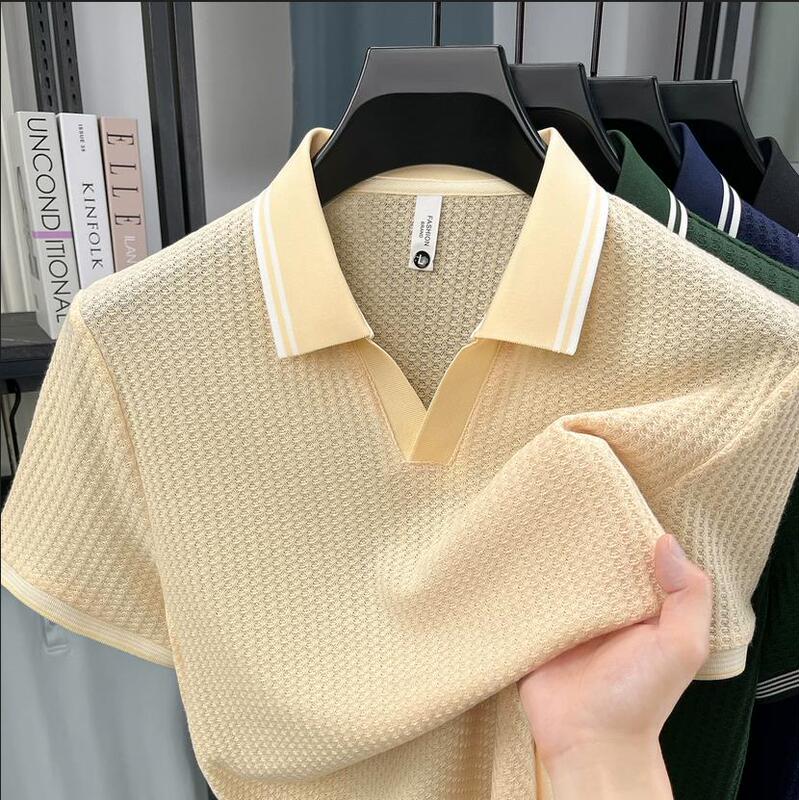 Mostarsea~Breathable and Luxurious Knitted Polo Shirt for Men, Summer Fashion Casual Ice Silk Seagull Collar Short-Sleeved T-Shirt