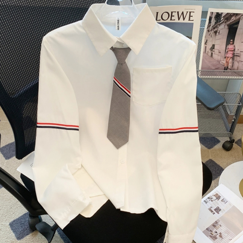 White Shirt with Striped Sleeves for Women, 2025 Spring New Korean Style, Niche Loose Long-Sleeve Tie Shirt, Trendy White Shirt with Striped Sleeves for Women, 2025 Spring New Korean Style, Niche Loose Long-Sleeve Tie Shirt, Trendy