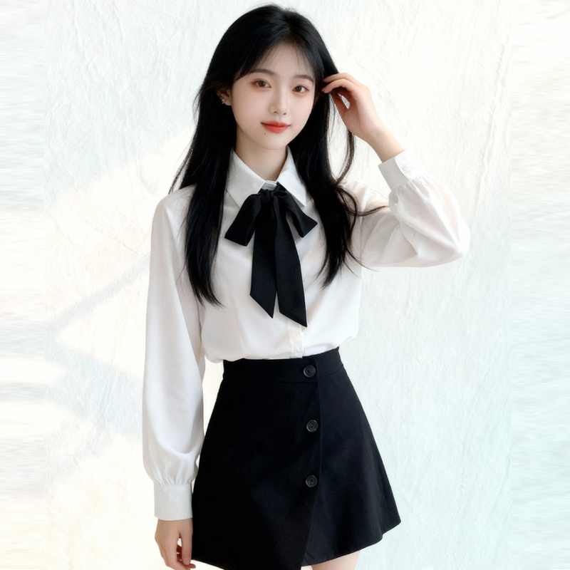 Fleece-Lined Women's Shirt, New Autumn and Winter Long-Sleeve Bow Tie, Preppy Style Polo Collar, Sweet and Age-Reducing, Tie-Up White Shirt