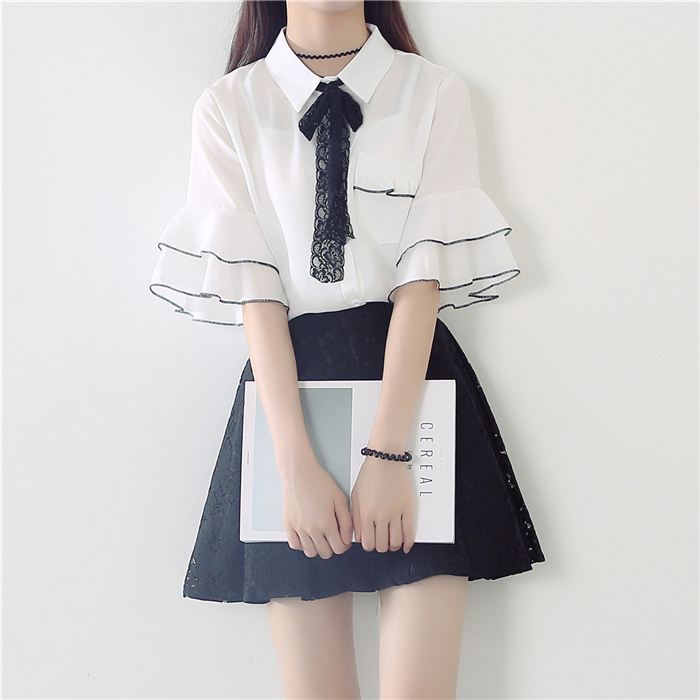 2025 Summer New Style Bell-Sleeve Loose Student Preppy Style Top Short-Sleeve Bow Tie Chiffon Shirt for Women