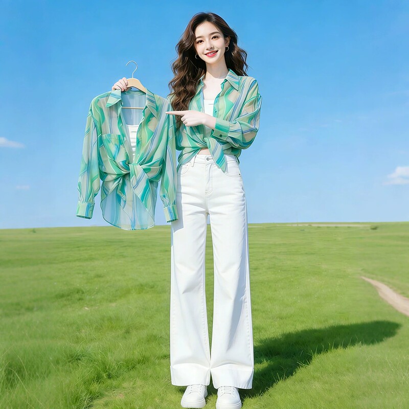 Fashionable Smudged Print Thin Sun Protection Shirt for Women, Summer Style, Age-Reducing, Loose, Slimming Cardigan, Polo Collar Top