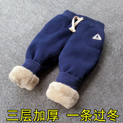 Baby boy baby cotton pants winter plus fleece sweatpants 1-3 years old children warm pants big pp2 girls thick fleece pants
