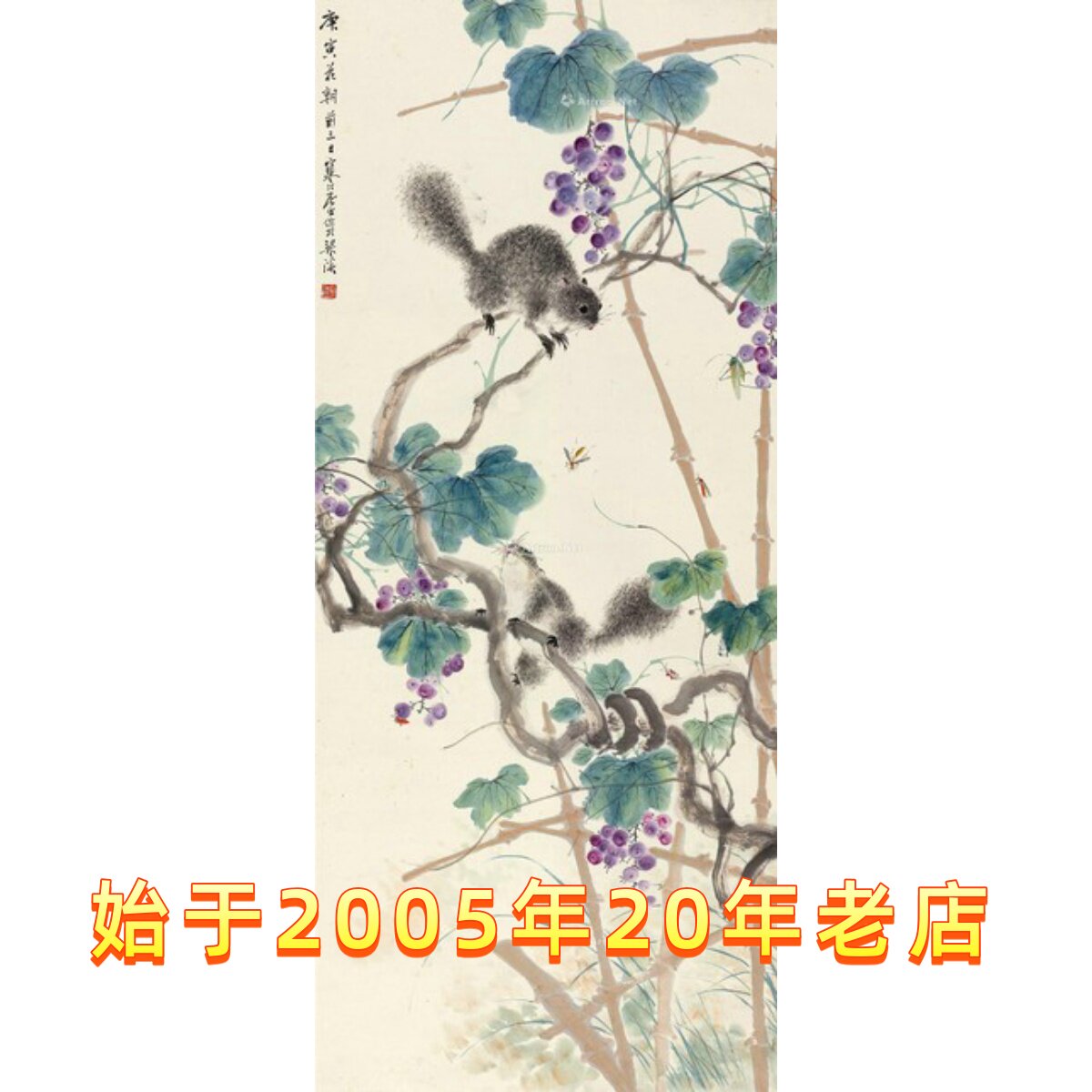 艺术微喷江寒汀1950年作葡萄松鼠27x65厘米