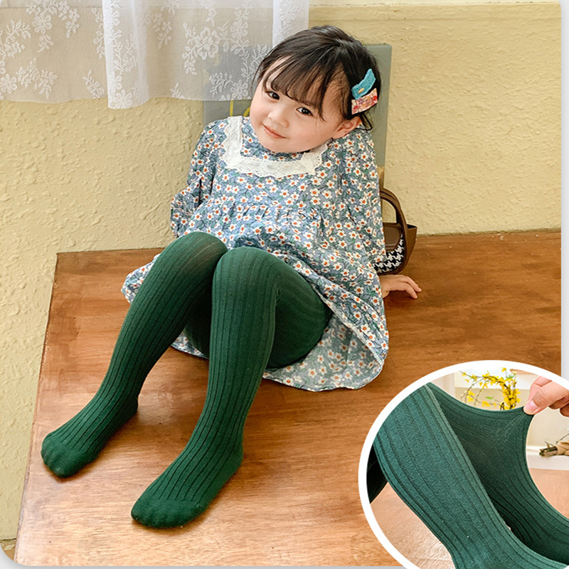 Girls' Dark Green Tights, Slim Fit, Elastic Footed Leggings, Dance Socks, Spring and Autumn Children's One-Piece Pants