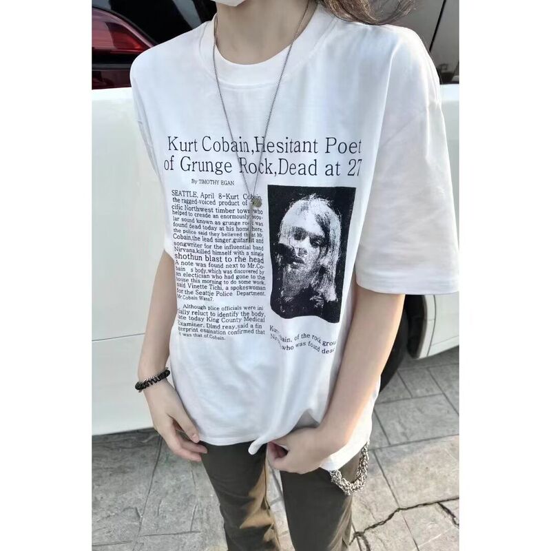 American-Style Nirvana Band Vintage Kurt Cobain Print Short-Sleeve Cleanfit High-Street Heavyweight Half-Sleeve T-Shirt American-Style Nirvana Band Vintage Kurt Cobain Print Short-Sleeve Cleanfit High-Street Heavyweight Half-Sleeve T-Shirt