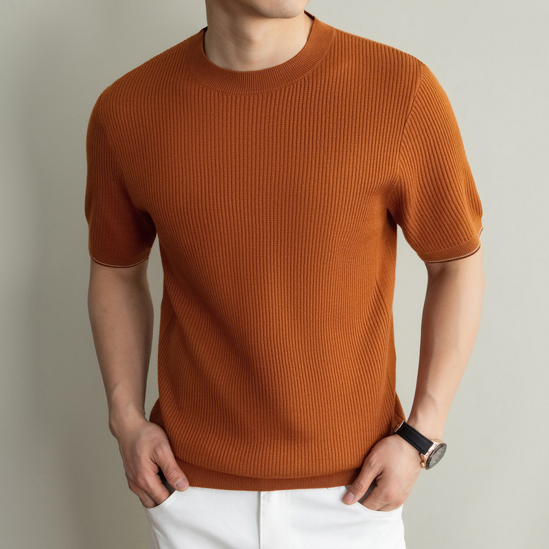 Clearance Ze&Na Jiejia Short-Sleeved T-Shirt for Men, Summer Business Casual High-End Round Neck Mulberry Silk Knitwear Half-Sleeve Trendy