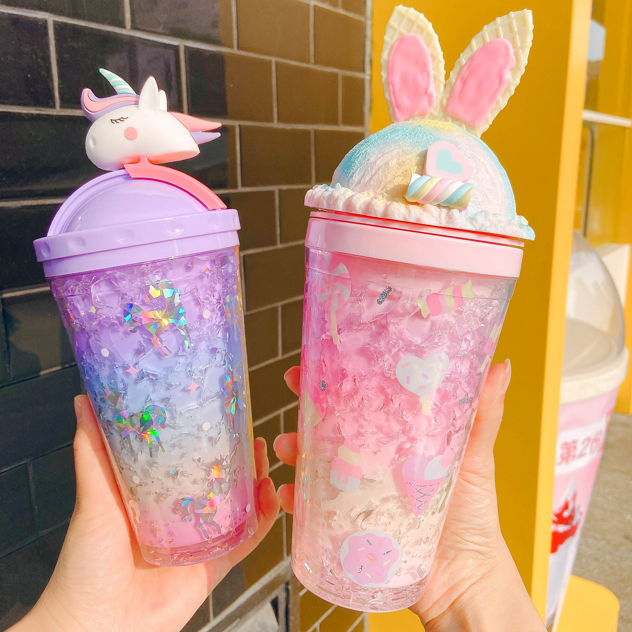 Crushed ice cup large capacity with straw plastic high value water cup cute girl ice cup double layer student summer cup