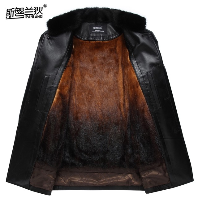 ເສື້ອຫນັງແທ້ mink fur stand collar jacket leather sheepskin mid-length gold mink liner jacket leather jacket for men