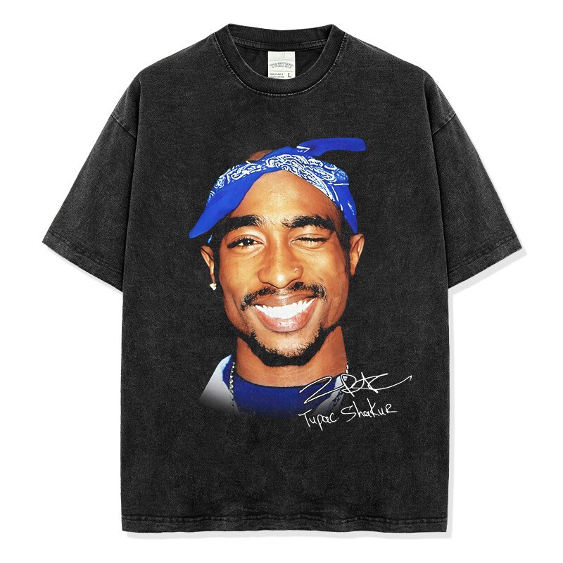 Tupac 2Pac American Hip-Hop Retro Printed Trendy Brand Loose Washed Heavy Cotton Vintage Short-Sleeved T-Shirt