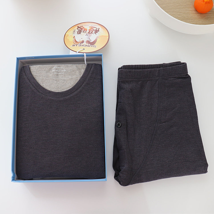 Shangke autumn and winter cashmere silk men's thermal underwear set autumn clothes long johns simple round neck long-sleeved cotton sweater