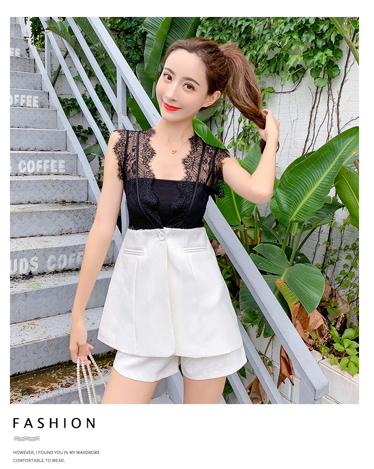 VK旗艦店 韓系拼接馬甲抹胸高腰寬口短褲套裝無袖褲裝