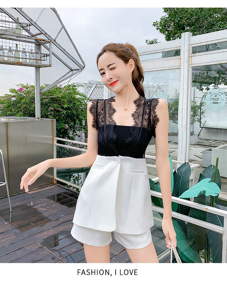 VK旗艦店 韓系拼接馬甲抹胸高腰寬口短褲套裝無袖褲裝