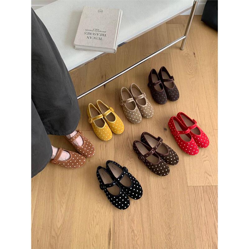 Beilixuan Korean-Style Genuine Leather Polka Dot Mary Jane Shoes for Women 2026 Autumn New Elegant Flat Shallow Mouth Single Shoes