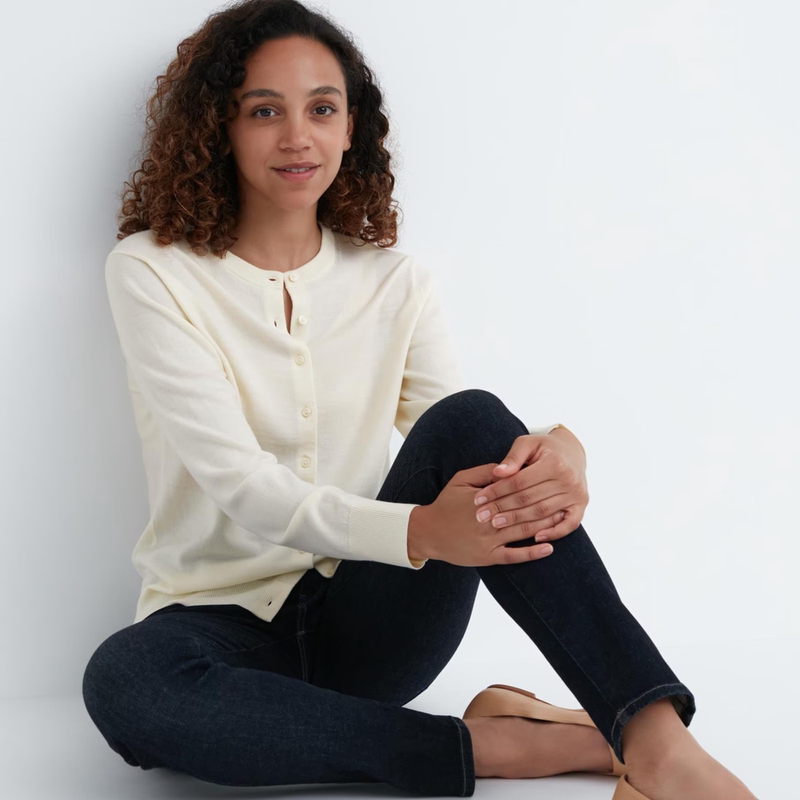 U+ Japanese Merino Autumn and Winter Thin Simple Women's Round Neck Button Knit Cardigan 23262