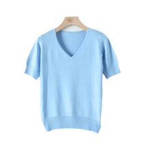 Summer Tail Single Milk Silk Pure Color Lady V collar Skinny knit short sleeve T-shirt 11023