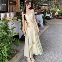 Ocnltiy｜Retro print~New Chinese suspender dress for women 2024 summer new style waist sleeveless long skirt