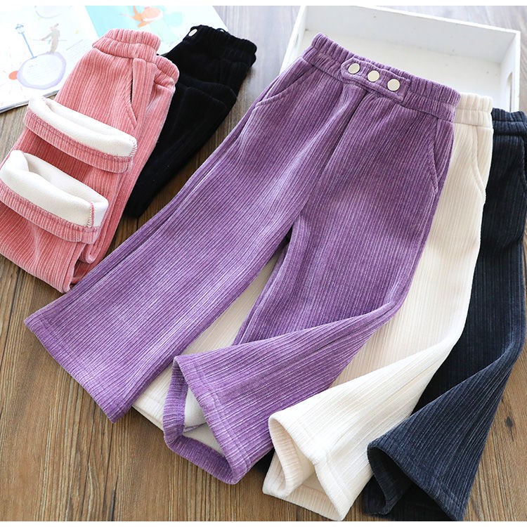 Children plus suede warm pants winter integrated suede ~ girl snow Neil wide leg trousers foreign air high waist light core suede pants-Taobao