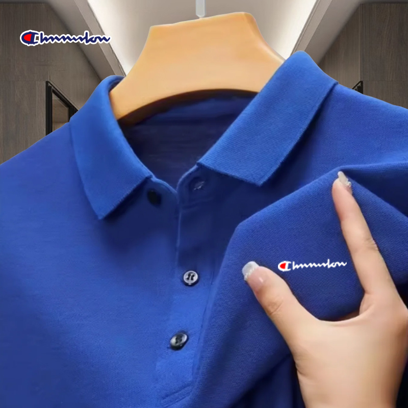 Official Website Outlet Summer Men's Business Pure Cotton Short-Sleeve Solid Color Loose Polo Shirt Klein Blue Casual Breathable