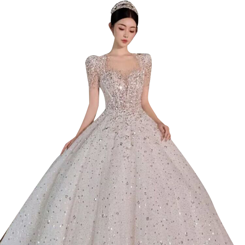 French light wedding dress 2023 new bride's main yarn super heavy work wedding dress in the fugitive princess pregnant woman dragging the tail gauze French light wedding dress 2023 new bride's main yarn super heavy work wedding dress in the fugitive princess pregnant woman dragging the tail gauze