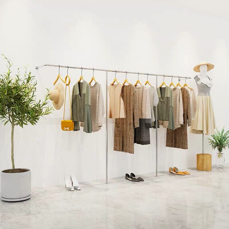 Clothing Shop Stainless Steel Wire Drawing Silver Landing Style Upper Wall Hanging Display Rack Women's Clothing Hanging Clothes Rod Factory Customized