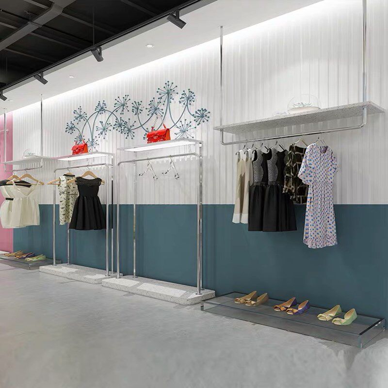 Women's clothing store silver shelf display stand stainless steel wire drawing on the wall floor-to-ceiling combination clothing store display shelf