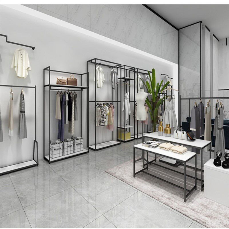 Modern minimal women's clothing store display frame wall hanging clothes shelves floor shelves hanging shelves display rack