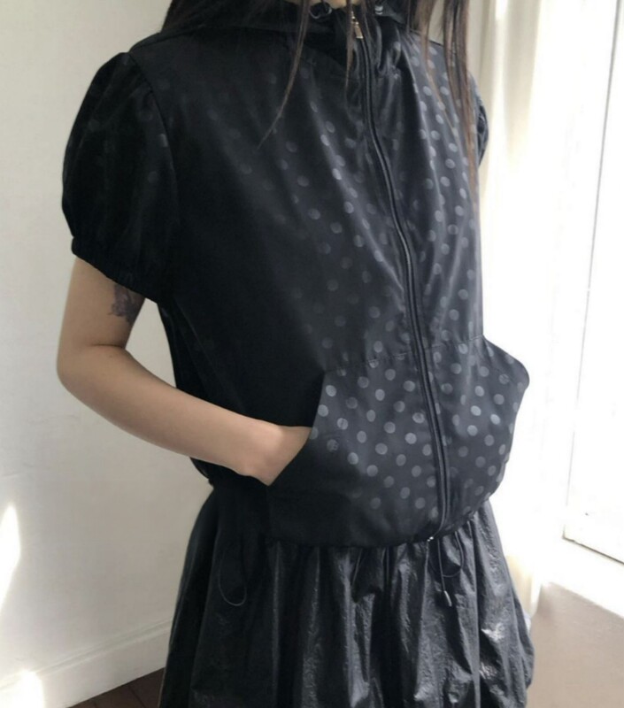 Unique Sei Korean Style Summer Vintage Polka Dot Puff Sleeve High Collar Zipper Short Sleeve Jacket Sun Protection Coat