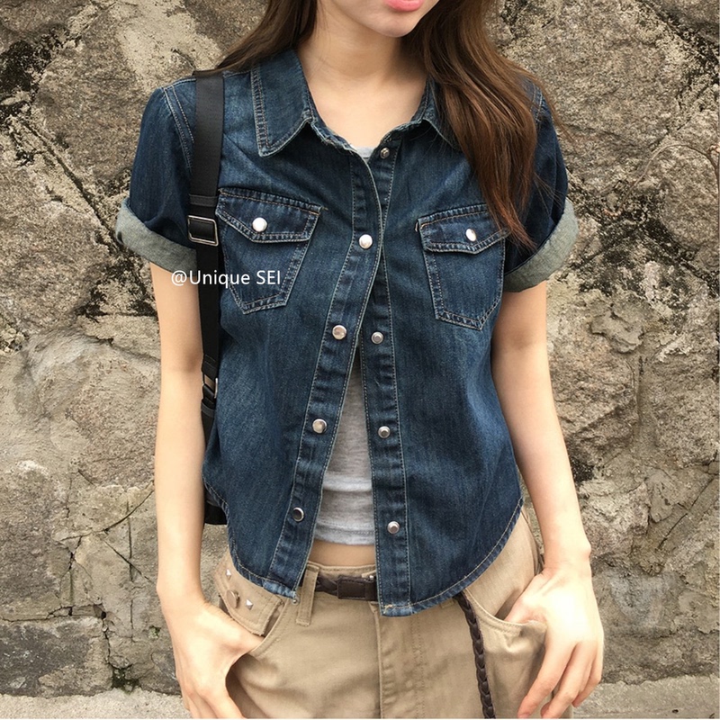 Unique Sei Retro American-Style Summer Casual Denim Pocket Short-Sleeve Shirt, Slimming and Versatile Short Top