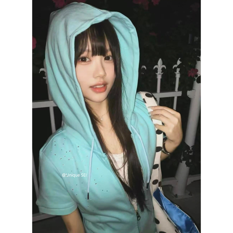 Unique Sei Light Korean-Style Summer Casual Rhinestone Zipper Slimming Hooded Zipper Short-Sleeve Top Jacket