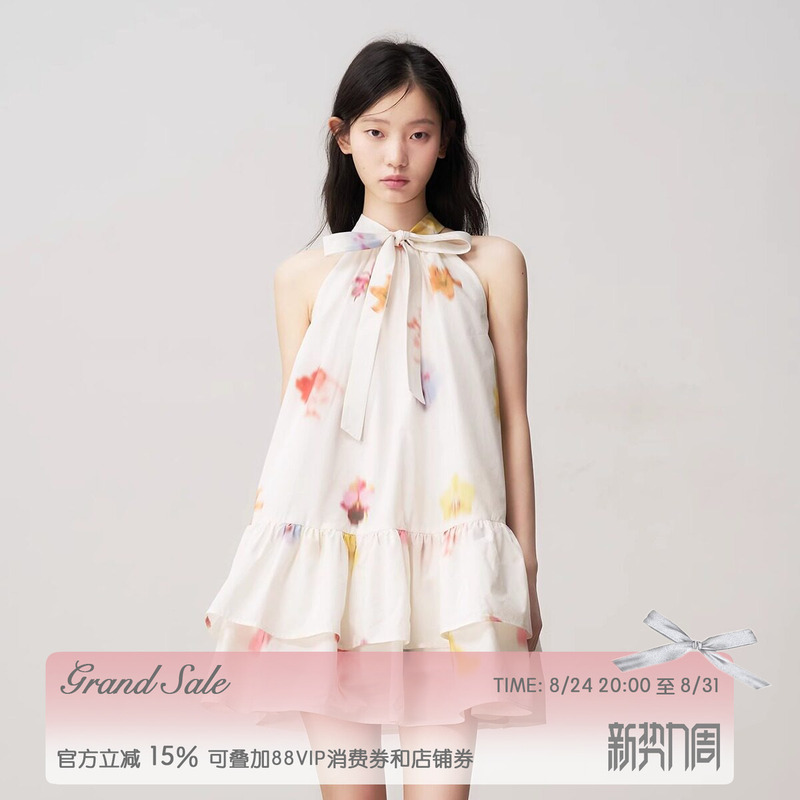【Xu Luyang's Style】Recit Floral Bow Halter Neck Dress for Women with Ruffled Puff Sleeves and Sleeveless Short Skirt