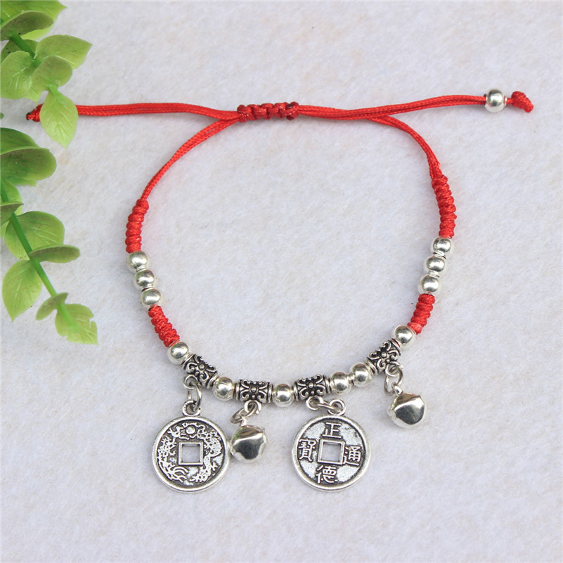 Trang sức dân tộc Miao vòng đeo tay bạc SpongeBob tinh khiết dệt thủ công để tránh ác đỏ vòng tay vòng chân chuông - Vòng chân lắc chân nữ