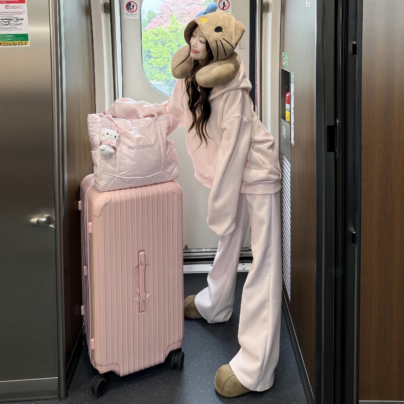 Korean Casual Sports Suit for Women, Spring and Autumn, Pink Series, Cute and Sweet, Hooded Sweatshirt Jacket, Wide-Leg Pants Two-Piece Set