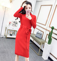 Net Red Goddess Van Women Dress Fall 2019 New High Collar Long Sleeves Lace Casings Waist Beating Bottom Middle Long Knit Dress Dress