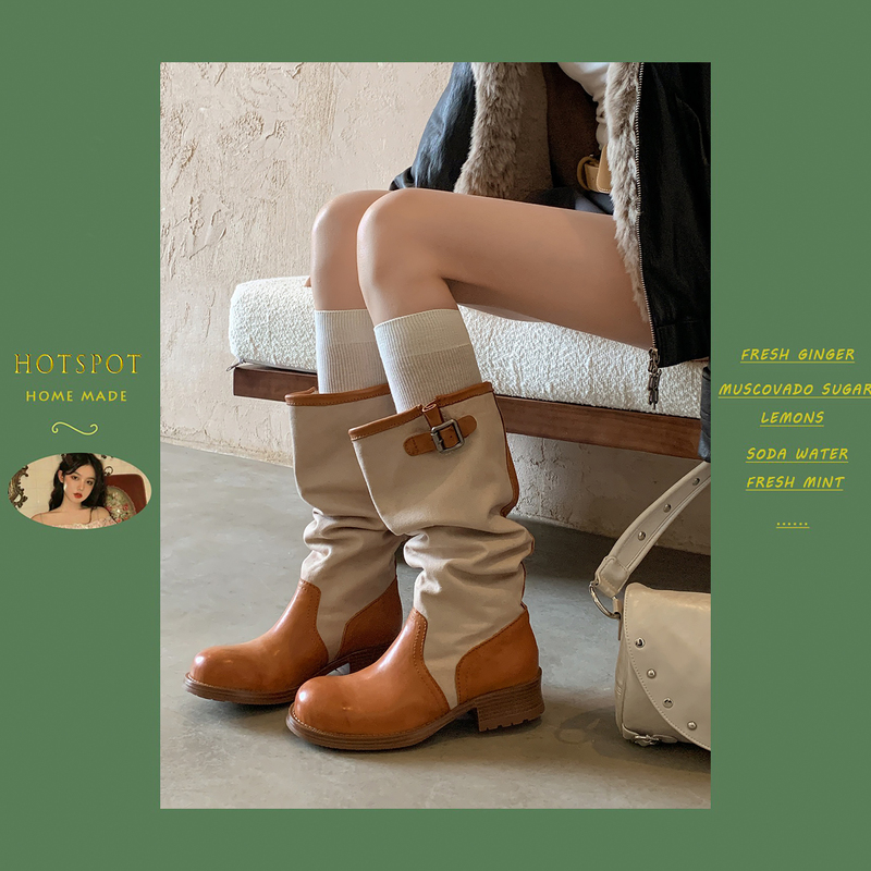 Hotspot Washed Leather Version~! Western Cowboy Boots for Women, Color-Blocked Long Boots, Women's Riding Boots, Women's Slouchy Boots for Summer