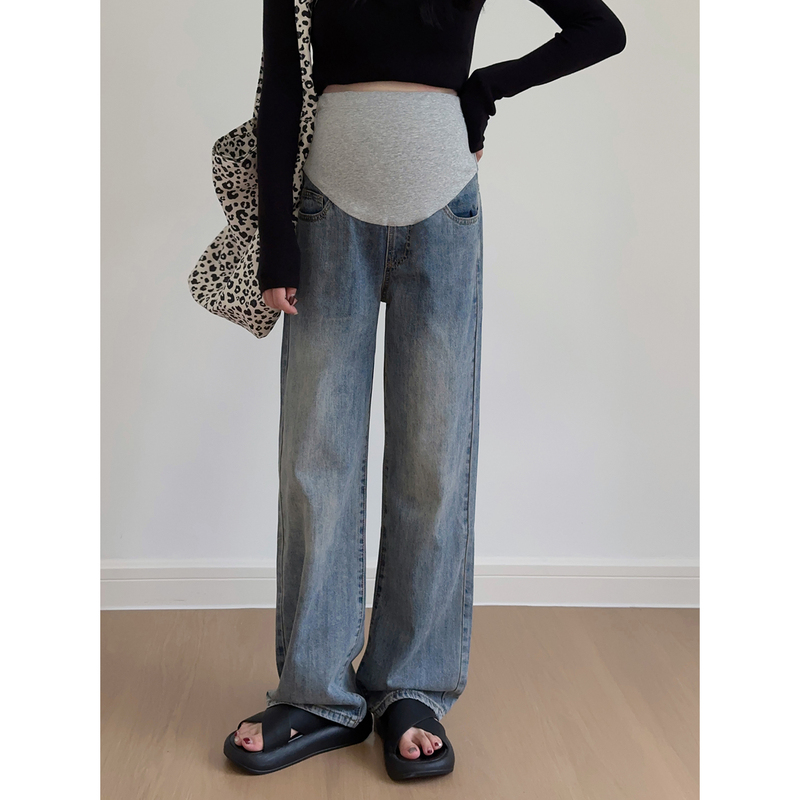 Maternity Wide-Leg Jeans, Spring and Summer Thin Style, Suitable for Wearing during Pregnancy, Does Not Tighten the Belly, Straight-Leg Leggings with Belly Support