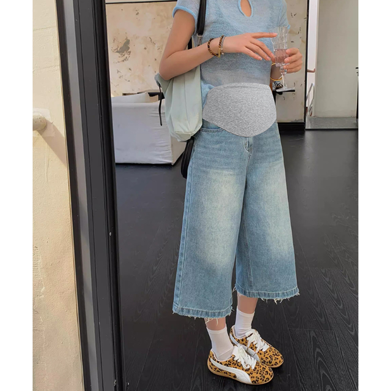 Retro Light Blue Maternity Cropped Straight-Leg Jeans, Summer Thin Style, Suitable for Petite Women, Belly-Supporting Wide-Leg Pants