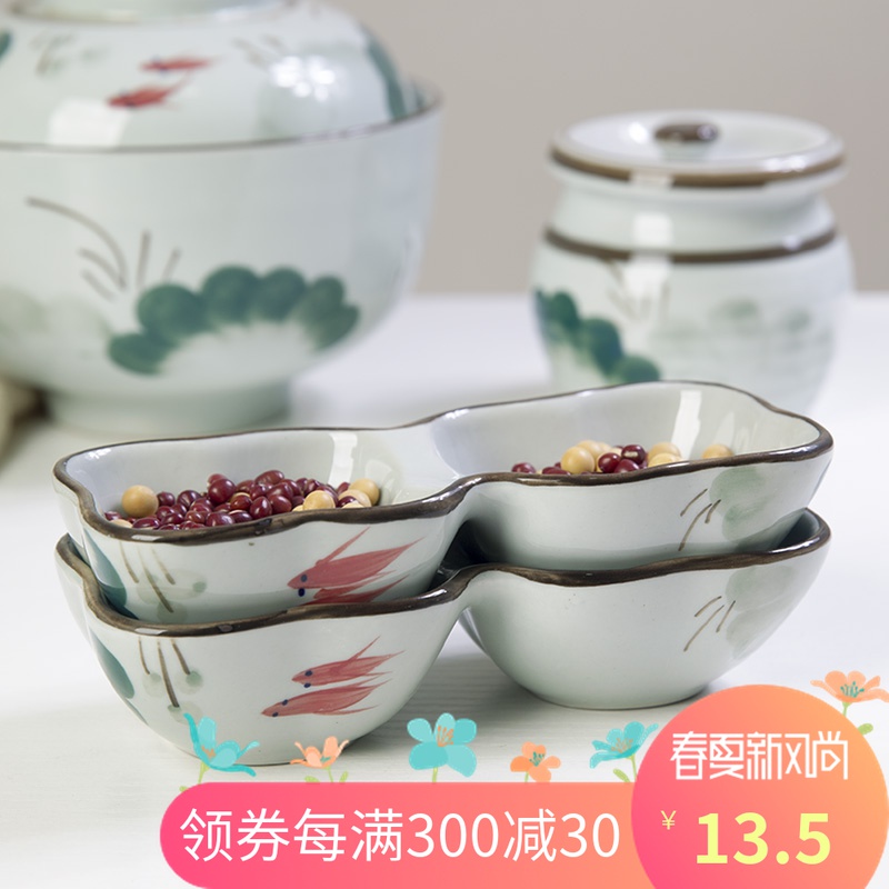 And four seasons condiment disc ink jiangnan lotus expressions using flavor dish double lattice dessert plate flavor dish under glaze color porcelain dish