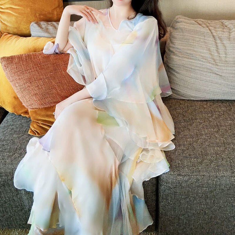 Women's Mulberry Silk Dress, Women's High-Sensitivity Bell-Sleeve Irregular Hem Long Dress (Special Offer)