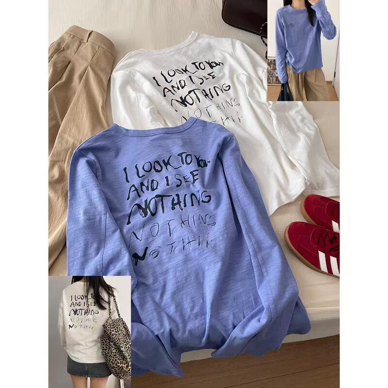 Letter Graffiti Lavender Blue Long-Sleeve T-Shirt for Women, Autumn 2026 New Style, Lazy Style, Loose Fit, Slimming Base Top Letter Graffiti Lavender Blue Long-Sleeve T-Shirt for Women, Autumn 2026 New Style, Lazy Style, Loose Fit, Slimming Base Top