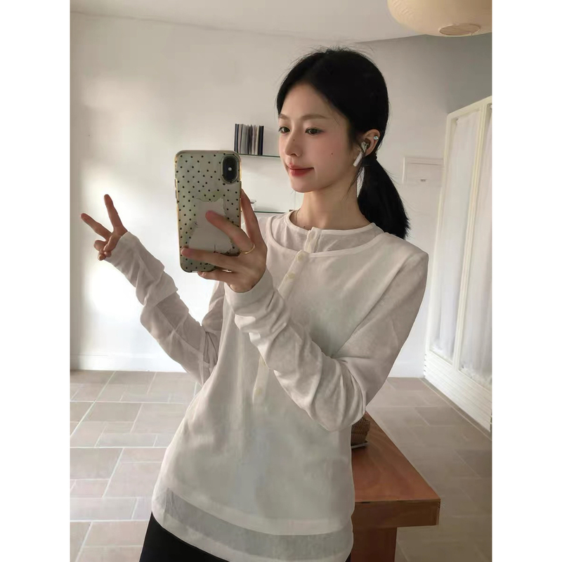 Unique Design Two-In-One Sun Protection Long-Sleeve T-Shirt for Women, Spring and Autumn Thin Slim-Fit Korean Style Blouse Top